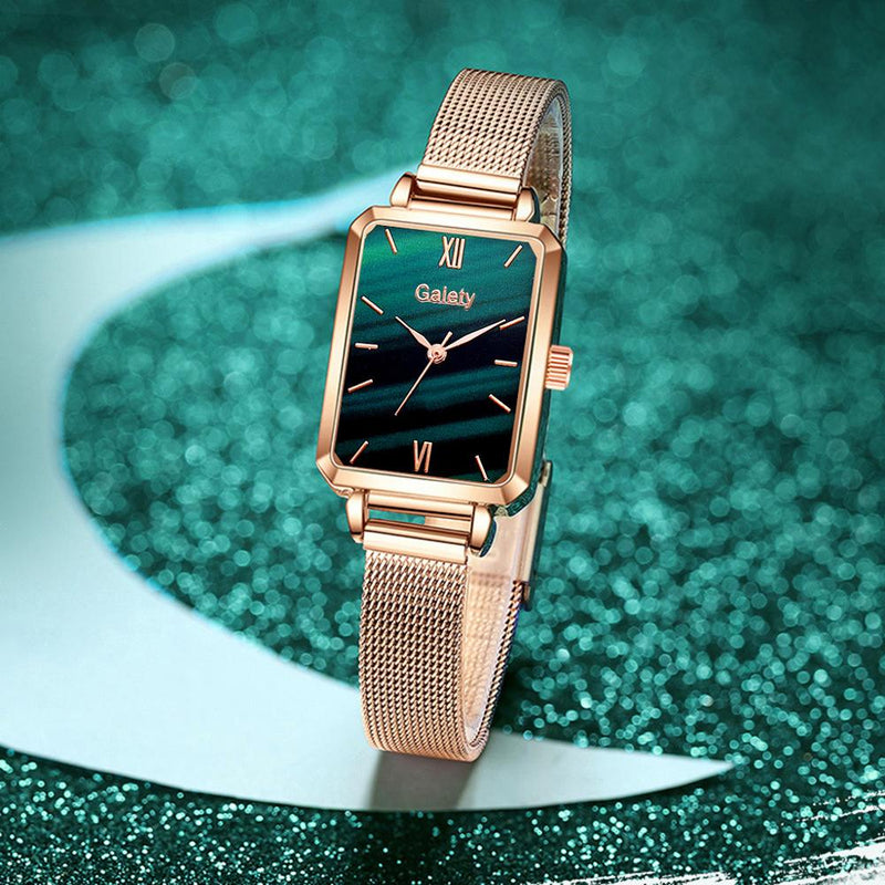 Gaiety Brand Women Watches Fashion Square Ladies Quartz Watch Bracelet Set Green Dial Simple Rose Gold Mesh Luxury Women Watches serve a voce