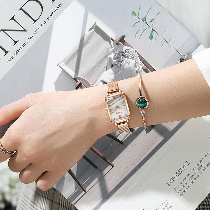 Gaiety Brand Women Watches Fashion Square Ladies Quartz Watch Bracelet Set Green Dial Simple Rose Gold Mesh Luxury Women Watches serve a voce