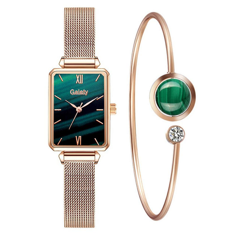 Gaiety Brand Women Watches Fashion Square Ladies Quartz Watch Bracelet Set Green Dial Simple Rose Gold Mesh Luxury Women Watches serve a voce