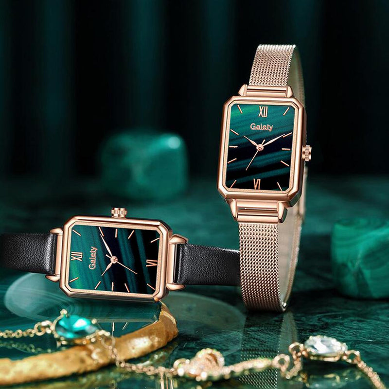 Gaiety Brand Women Watches Fashion Square Ladies Quartz Watch Bracelet Set Green Dial Simple Rose Gold Mesh Luxury Women Watches serve a voce