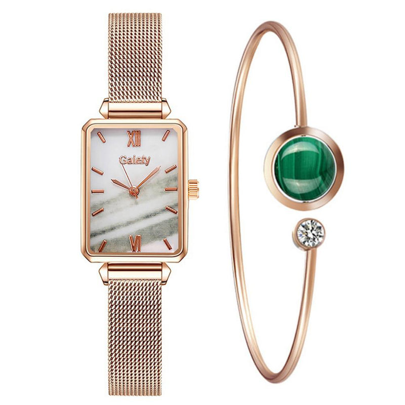 Gaiety Brand Women Watches Fashion Square Ladies Quartz Watch Bracelet Set Green Dial Simple Rose Gold Mesh Luxury Women Watches serve a voce