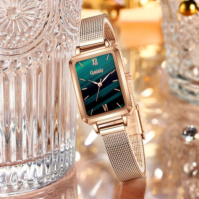 Gaiety Brand Women Watches Fashion Square Ladies Quartz Watch Bracelet Set Green Dial Simple Rose Gold Mesh Luxury Women Watches serve a voce