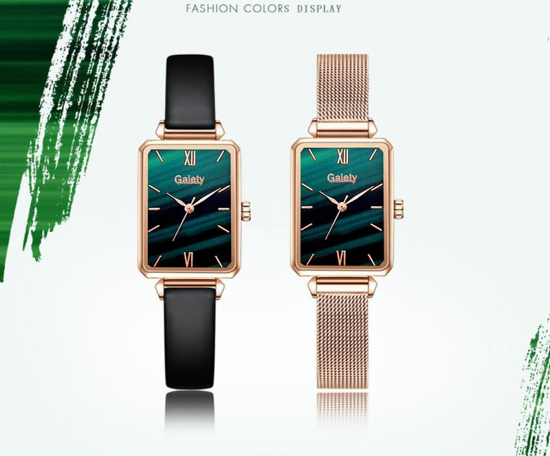 Gaiety Brand Women Watches Fashion Square Ladies Quartz Watch Bracelet Set Green Dial Simple Rose Gold Mesh Luxury Women Watches serve a voce