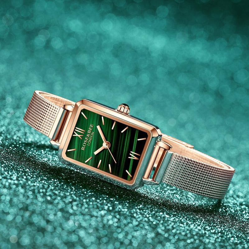 Gaiety Brand Women Watches Fashion Square Ladies Quartz Watch Bracelet Set Green Dial Simple Rose Gold Mesh Luxury Women Watches serve a voce