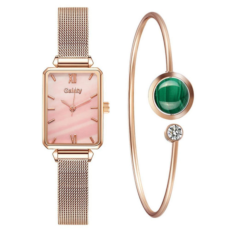 Gaiety Brand Women Watches Fashion Square Ladies Quartz Watch Bracelet Set Green Dial Simple Rose Gold Mesh Luxury Women Watches serve a voce