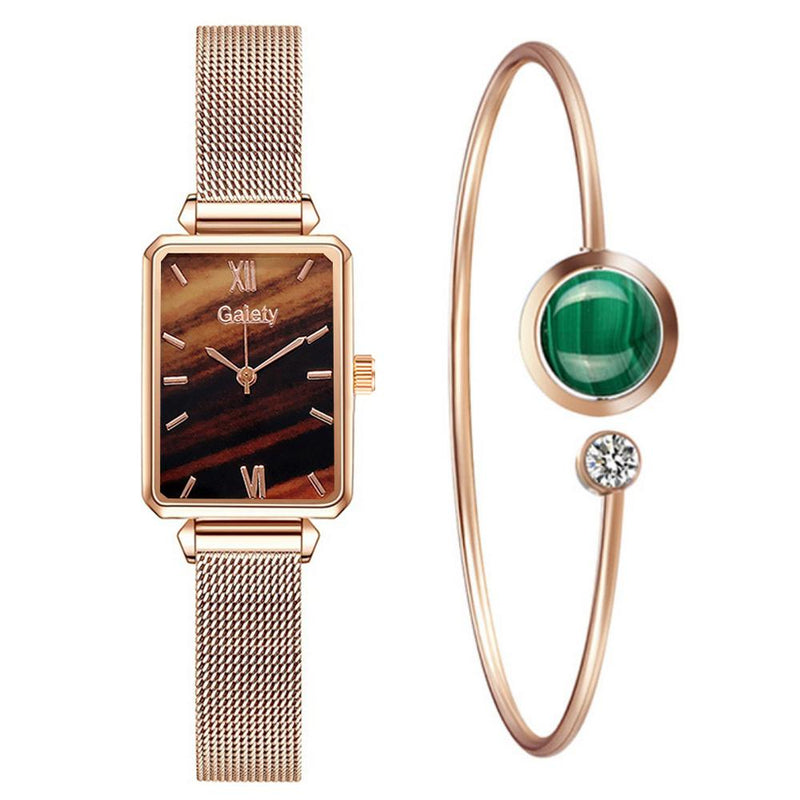 Gaiety Brand Women Watches Fashion Square Ladies Quartz Watch Bracelet Set Green Dial Simple Rose Gold Mesh Luxury Women Watches serve a voce