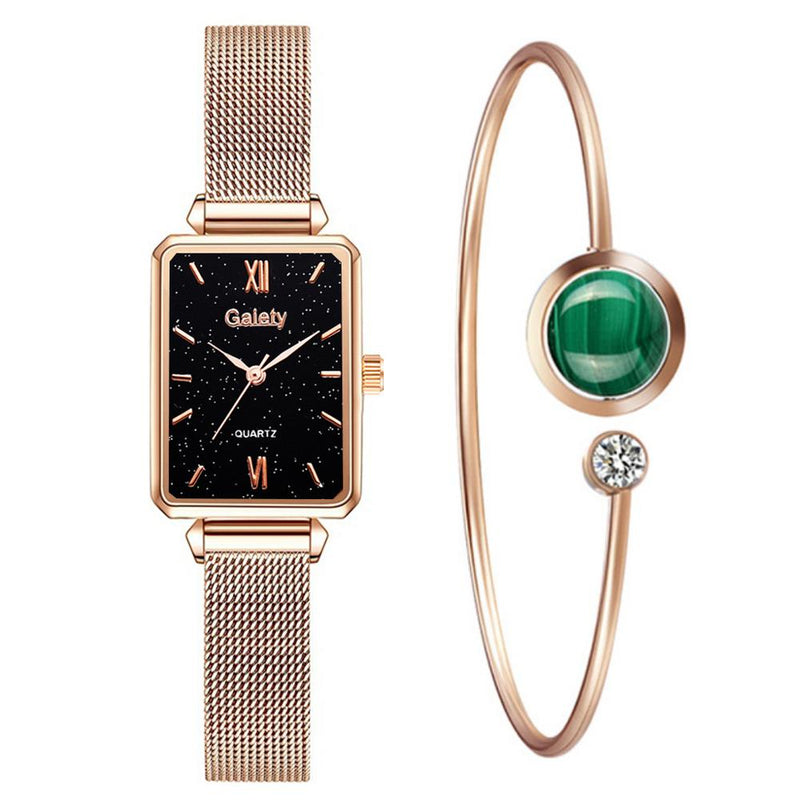 Gaiety Brand Women Watches Fashion Square Ladies Quartz Watch Bracelet Set Green Dial Simple Rose Gold Mesh Luxury Women Watches serve a voce