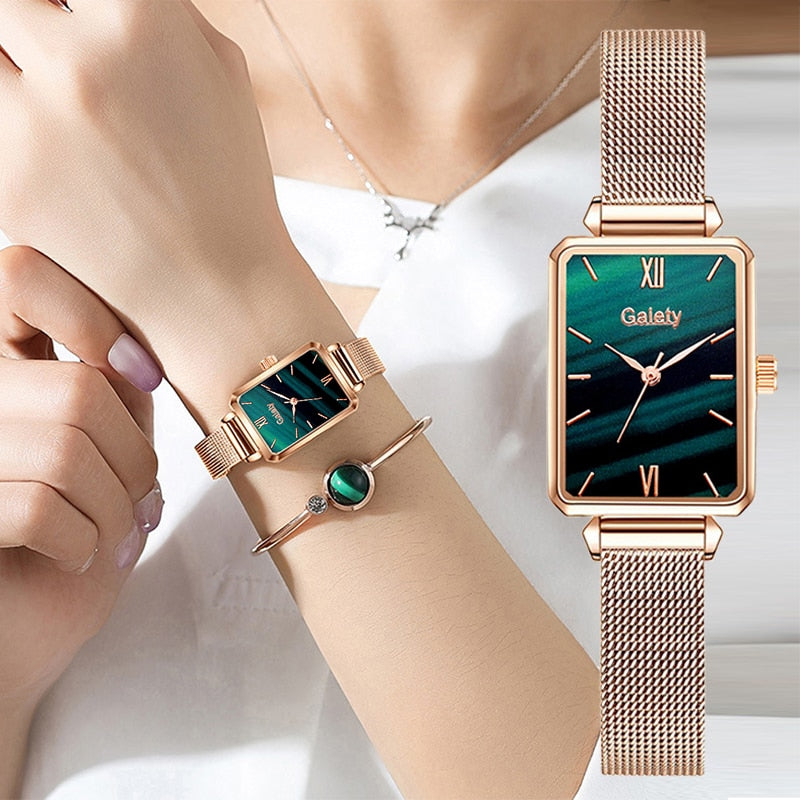 Gaiety Brand Women Watches Fashion Square Ladies Quartz Watch Bracelet Set Green Dial Simple Rose Gold Mesh Luxury Women Watches serve a voce